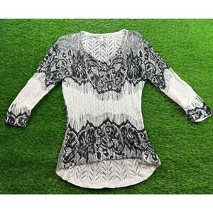 Alberto Makali Lace Knit Sweater Tunic Sz L Black White 3/4 Sleeve Hi Low Hem